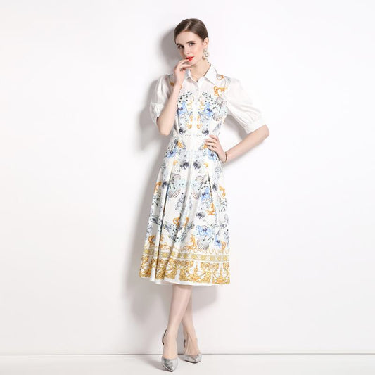 Cinched Waist Print Slimming A-Line Skirt Dress