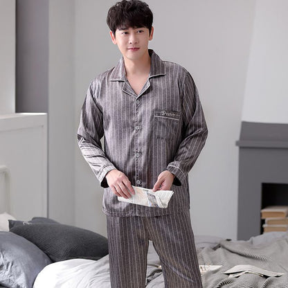 Langarm-Pyjama-Set aus Seide mit Kragen und Knopfleiste