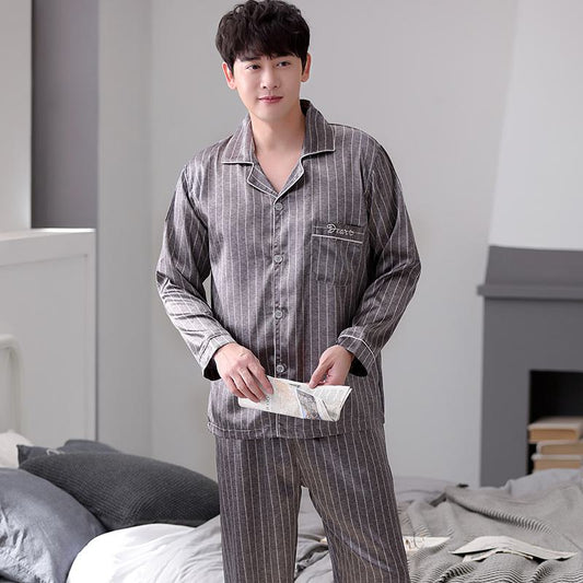 Conjunto de pijama de manga larga con bolsillo de seda con cuello y botones
