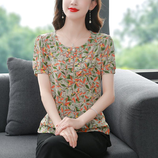 Button Print Anti-Aging Loose Fit Chic Short Sleeve Tee