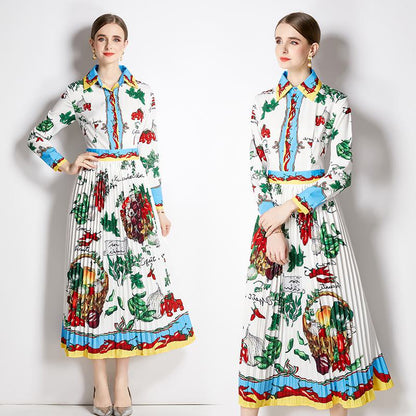 فستان طويل بأسلوب ريترو وطبعة تعتمد على تداخل الألوان وتجعيدات.