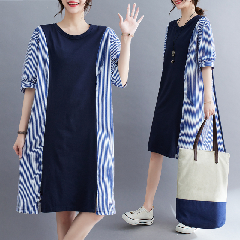 Round Neck Knitted Slimming Woven Patchwork Cotton Elastic Casual Dress