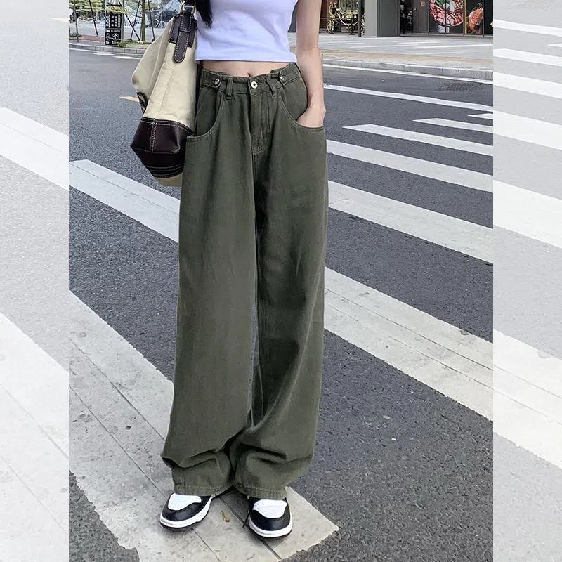 Slimming Green Washed Out Loose Fit Straight High-Waisted Retro Jeans
