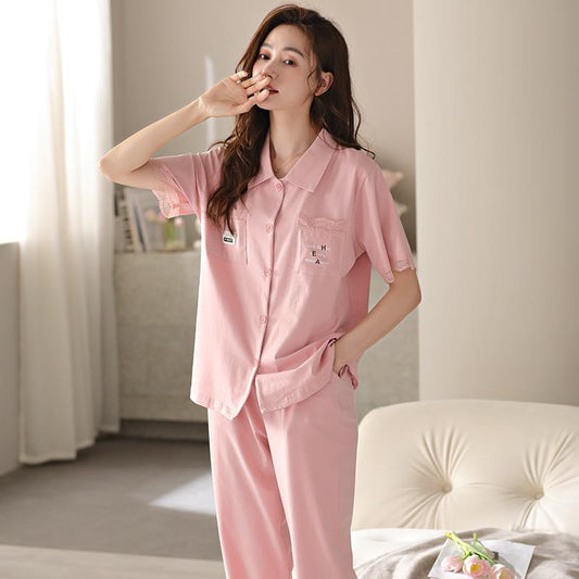 Conjunto de pijama de algodón puro rosa con botones frontales, bolsillo, cuello de lycra