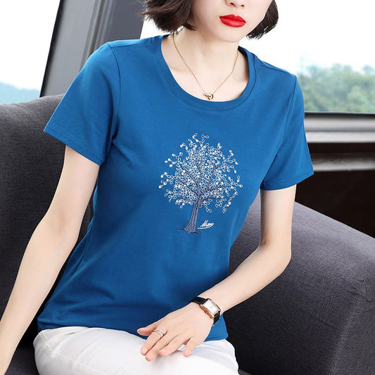 Cropped Round Neck Versatile Embroidery Slimming Short Sleeve Tee