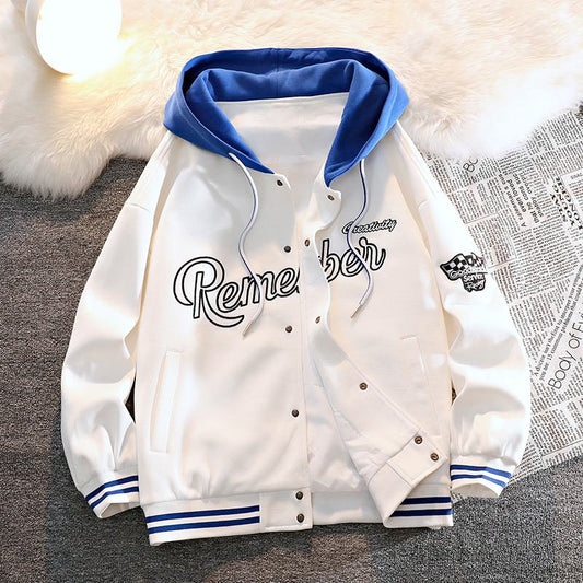 Drawstring Letter Embroidery Buttoned Front Hooded Jacket
