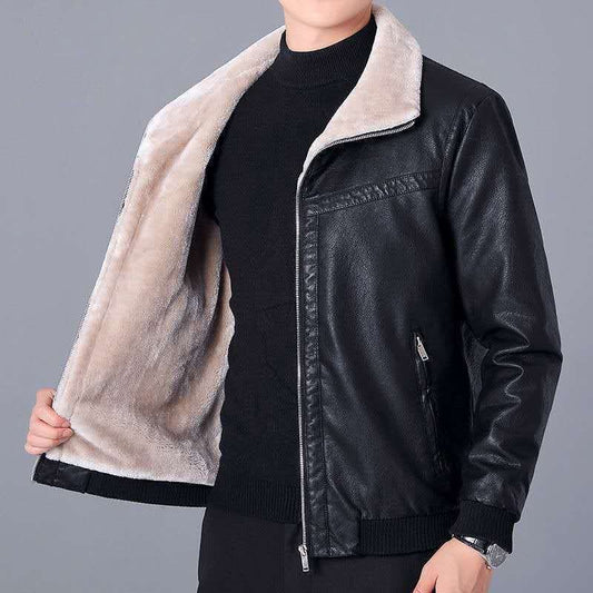 Thick Stand-Up Collar Fleece-Lined Leather Jacket