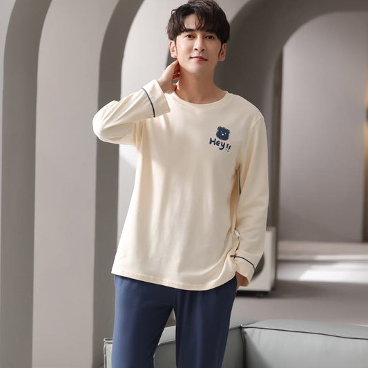 Round Neck Pullover Long Sleeve Tightly Woven Pure Cotton Bear Lounge Set