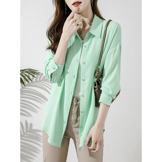 Loose Fit Long Sleeve Outerwear Sun Protection Thin Casual Green Shirt