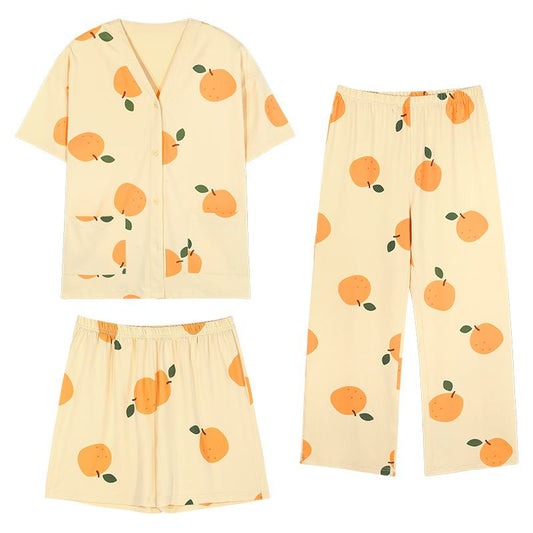 Dreiteiliges Baumwollset mit Knopfleiste, V-Ausschnitt und kurzen Ärmeln in Apfelform.