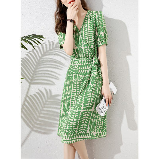French Style Floral Print Cinched Waist Tie-Up Daily Slimming Texture Dress