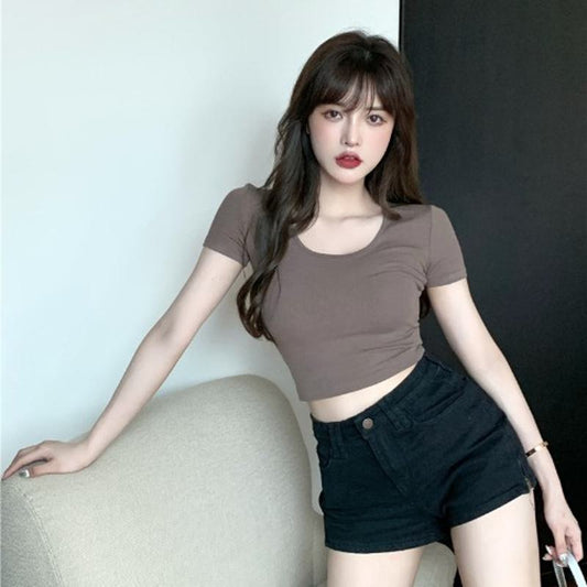 Slim-Fit Cropped Solid Navel-Baring Short Sleeve Tee