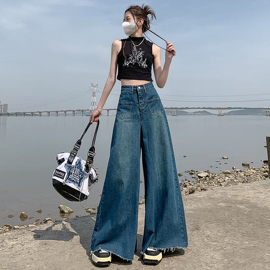 High-Waisted Frayed Edge Loose Fit Wide-Leg Jeans