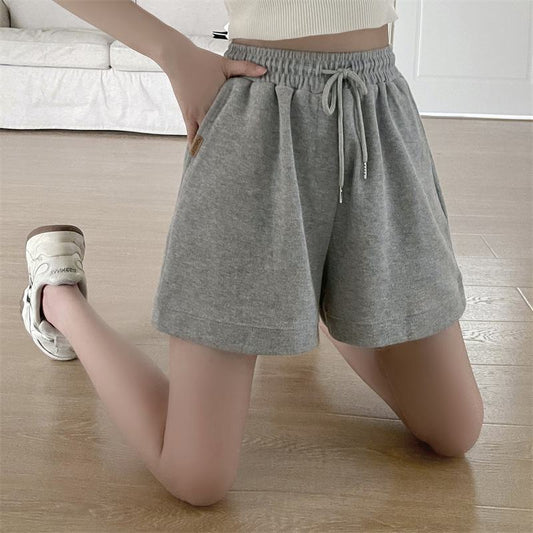 Lässige, lockere Baumwoll-Shorts mit weitem Bein, Taschen und elastischem Bund
