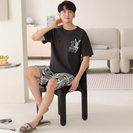 Bunny Round Neck Black Tightly Woven Pure Cotton Tops & Pants Short Sleeves Lounge Set
