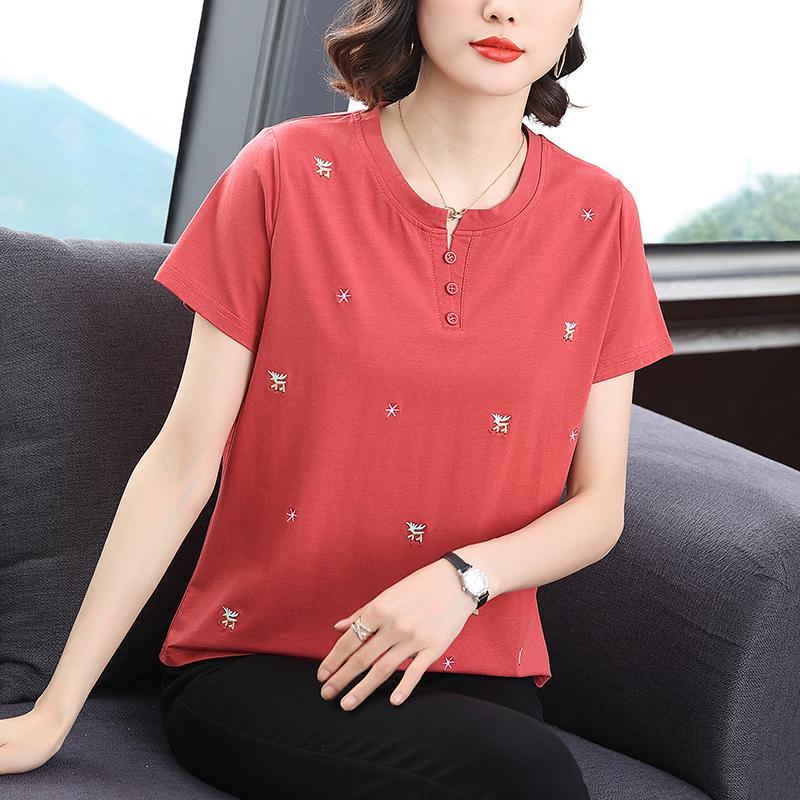 Notched Neck Versatile Button Loose Fit Worn Outside Cotton Short Sleeve Tee