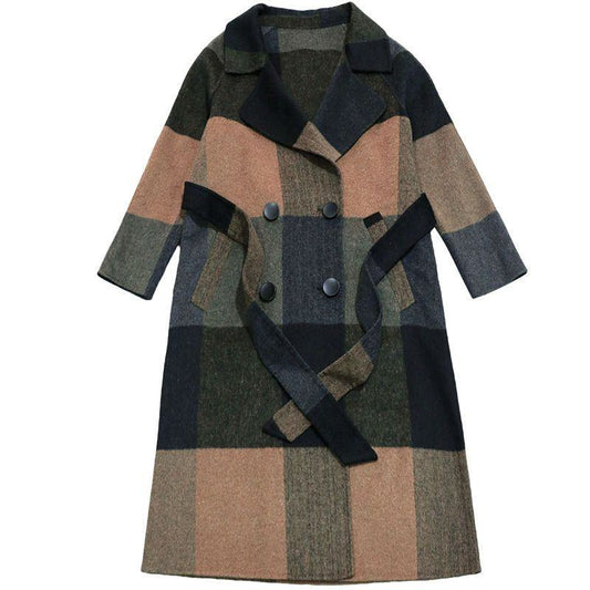 Manteau mi-long en laine à carreaux avec taille cintrée et lien noué