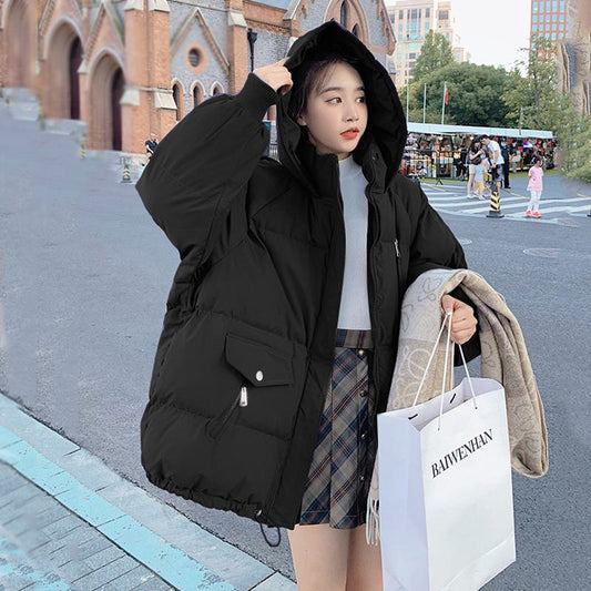 Drawstring Cropped Loose Fit Solid Color Puffer Jacket