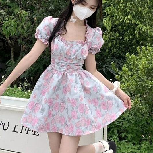 French Style Fairy Cinched Waist Slimming Solid Dress