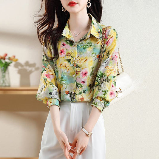Blusa elegante de chiffon con estampado floral que adelgaza, anti-envejecimiento y que cubre el vientre