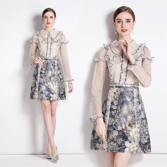 Ruffle Hem Patchwork Slimming Lace Jacquard Petite Dress