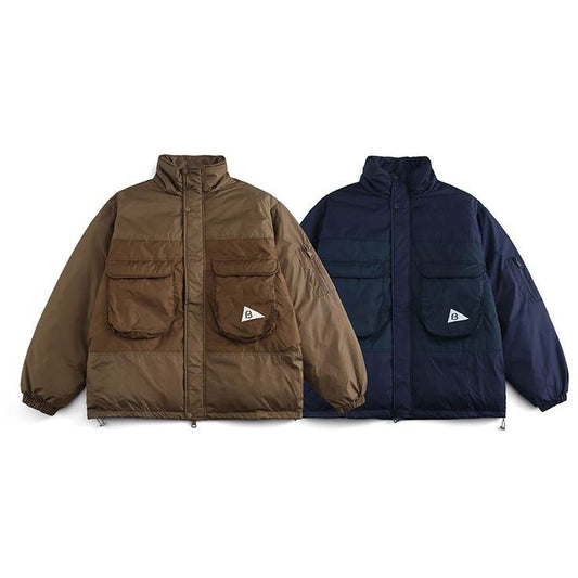 Stand-Up Collar Workwear Style Bellows Pocket Puffer Jacket