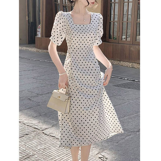 Midi French Style Slim-Fit Square Collar Polka Dot Slimming A-Line Skirt Dress