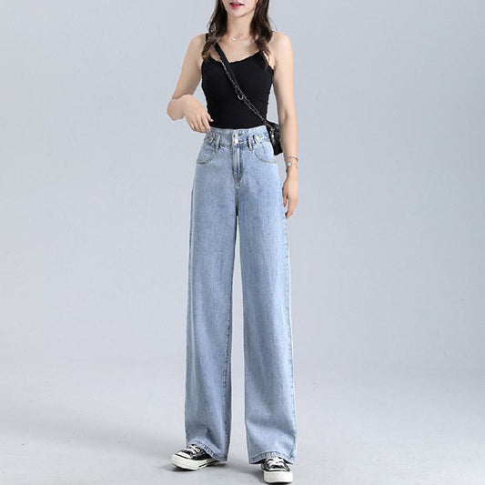 Slimming Floor-Length Draping Loose Fit Light-Colored Straight High-Waisted Jeans