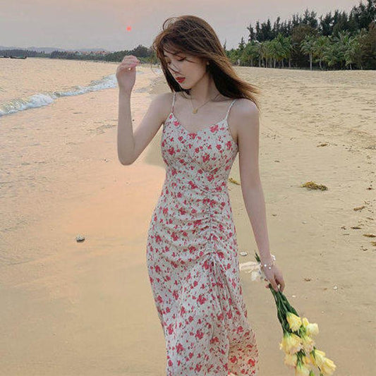 Vestido de playa retro estampado floral con cintura ajustada y abertura estilo francés para mujeres petite