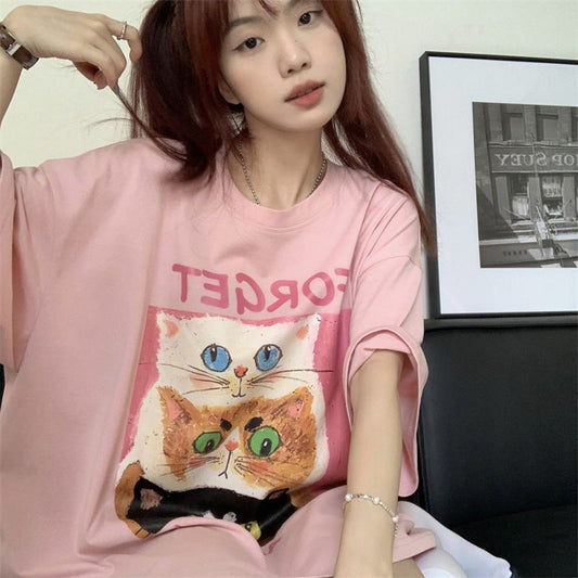 Women's T-Shirt Pink Midi Lazy Print Short Sleeve Tee
