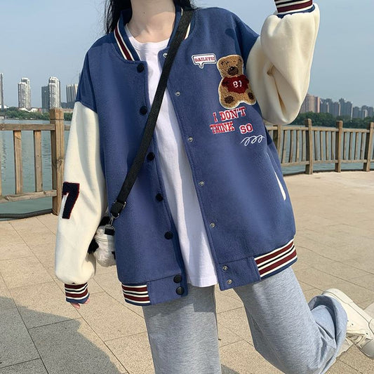 Loose Fit Thickened Preppy Style Varsity Jacket