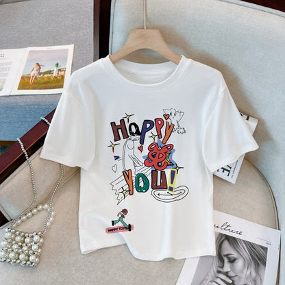 T-shirt ajusté à manches courtes en coton avec lettres en twill et spandex