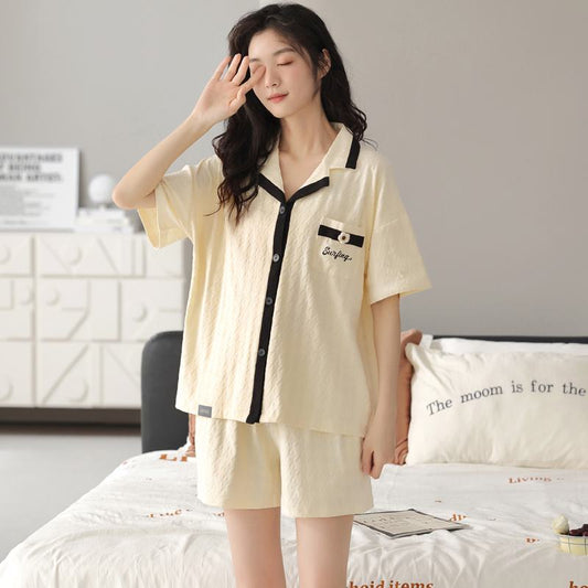 Jacquard Button Front Pocket Short Sleeves Lycra Pj Set