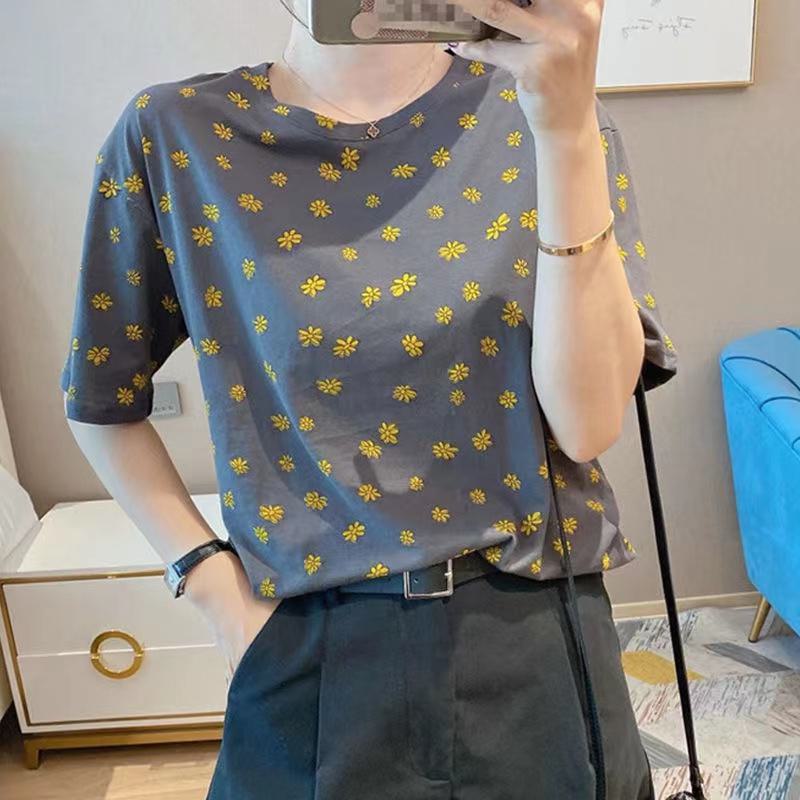 Print Little Elephant Versatile Chamomile Belly-Covering Loose Fit Short Sleeve Tee