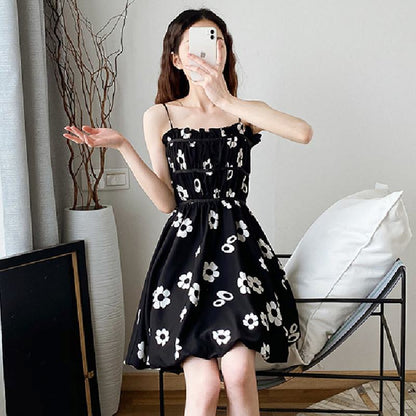 Flower Bud Niche Lining Slimming High-Waisted Floral Print Fluffy Dress