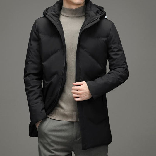 White Duck Down Hooded Thigh-Length Down Coat