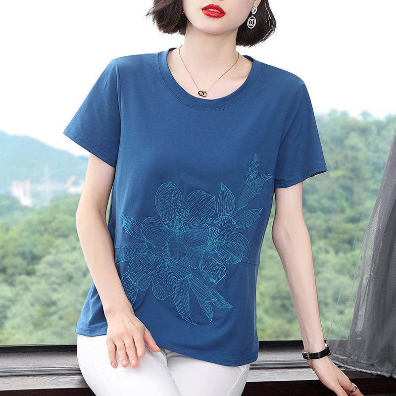 Loose Fit Anti-Aging Cotton Beaded Embroidery Thickness Short Sleeve Tee
