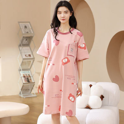 Tightly Woven Pure Cotton Heart-Shaped Bear Pattern Lounge Dress