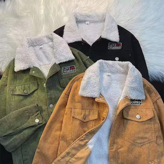 Lapel Collar Fleece-Lined Corduroy Jacket