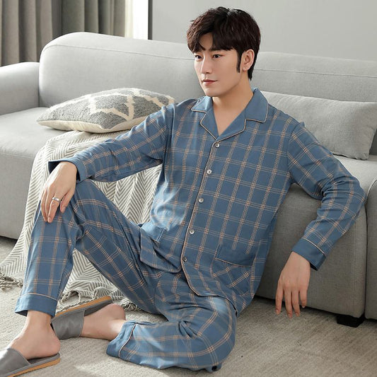 Ensemble pyjama en coton à carreaux bleus avec col à boutons