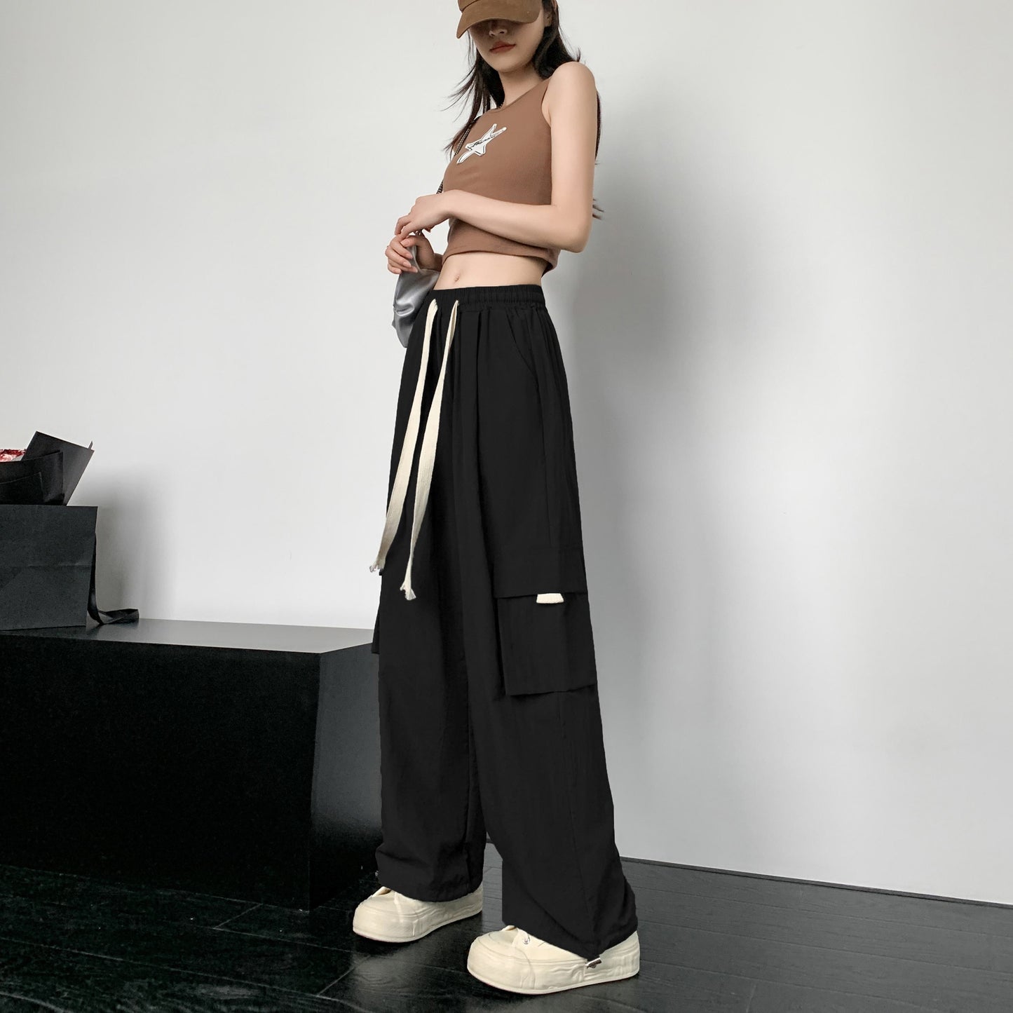 Loose-Fit Casual Silky High-Waisted Multi-Pocket Quick-Drying Sash Wide-Leg Cargo Pants