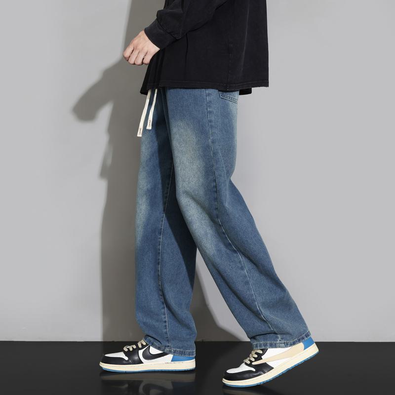 جينز مستقيم بخصر مطاطي ورباط قابل للتعديل، بتصميم عتيق ومريح