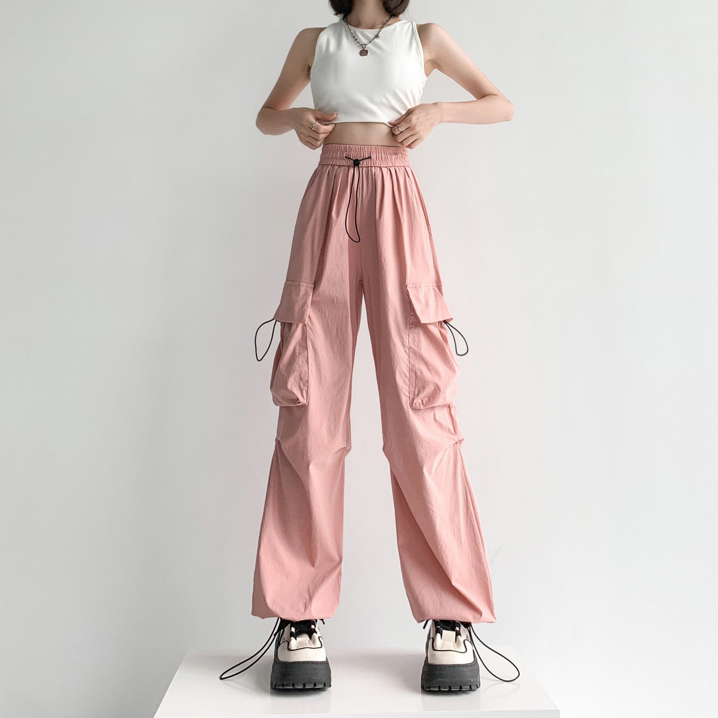 Quick-Drying Solid Color Thin High-Waisted Street Style Versatile Cargo Pants