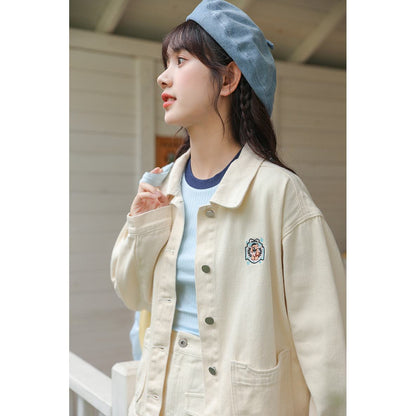 Embroidery Washed Loose Fit Denim Jacket