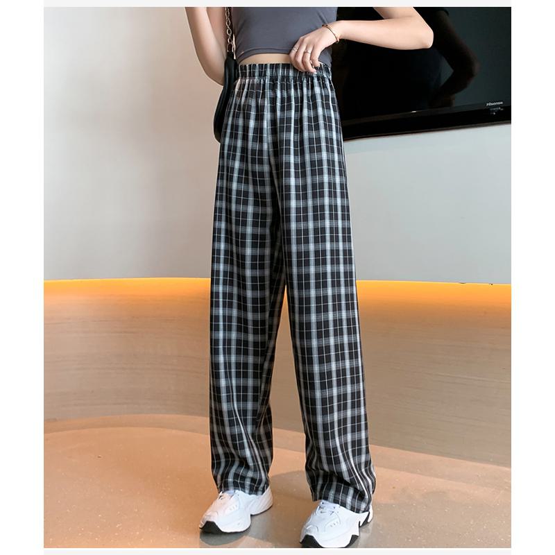 Casual Preppy Style Plus Petite Straight Pants Versatile Plaid Pants
