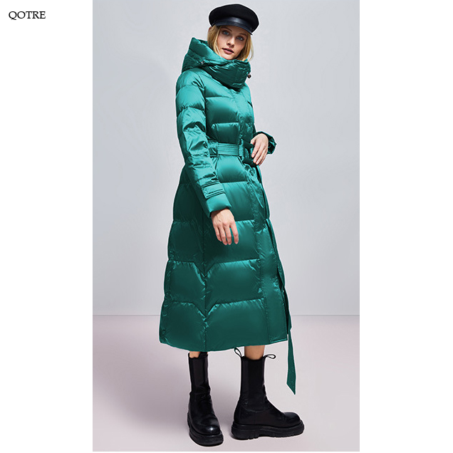 Calf-Length High Neck Quilted Belted Down Coat