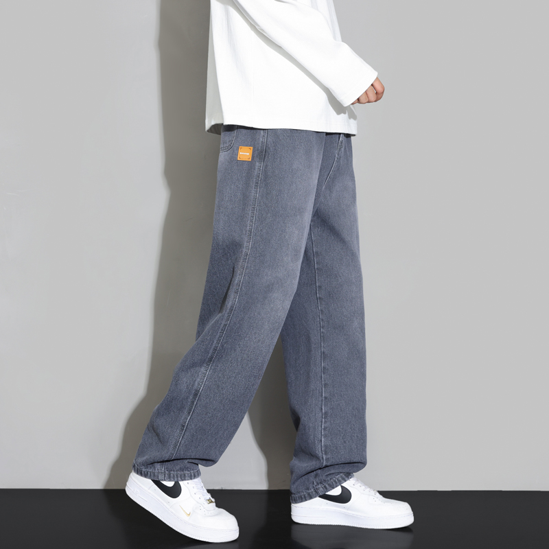 Washed Straight Leg Elastic Waist Loose Fit Jeans