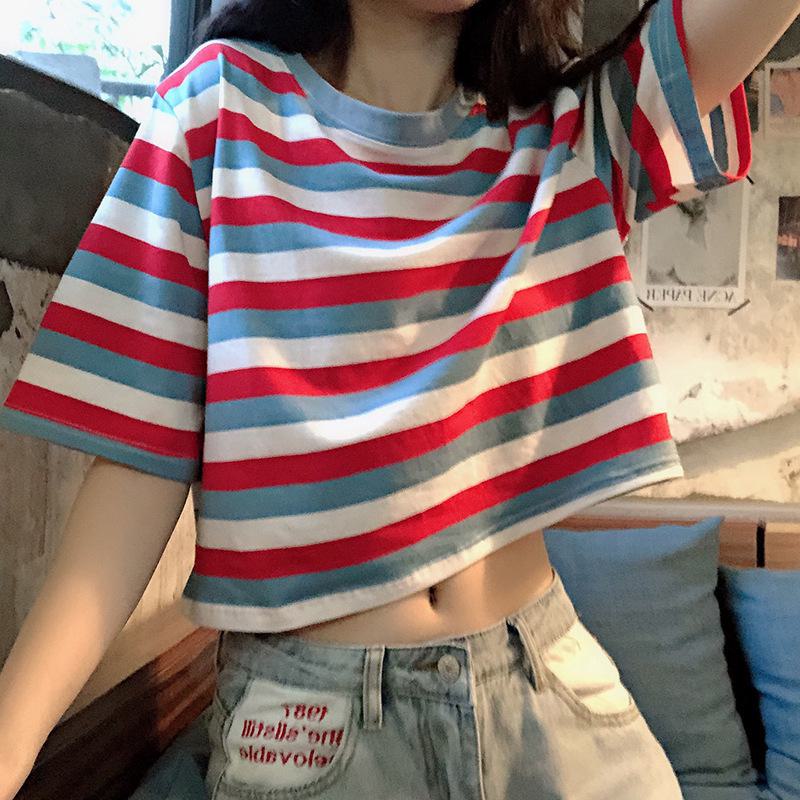 Women's T-Shirts Cropped Navel-Baring Stripe Short Sleeve Tee