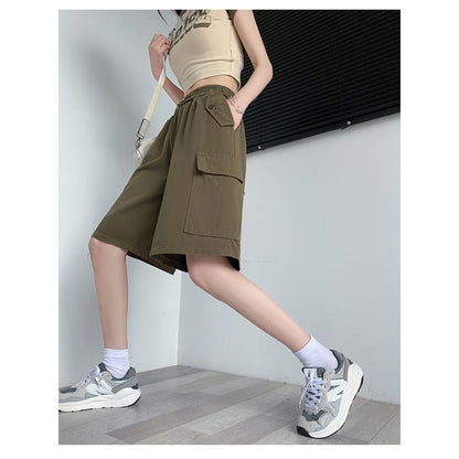 Pantalones cortos de trabajo sueltos de cintura alta con cordón y bolsillo con solapa en la cintura ancha