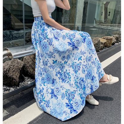 Falda de malla fresca y sencilla con estampado floral y estilo largo versátil.